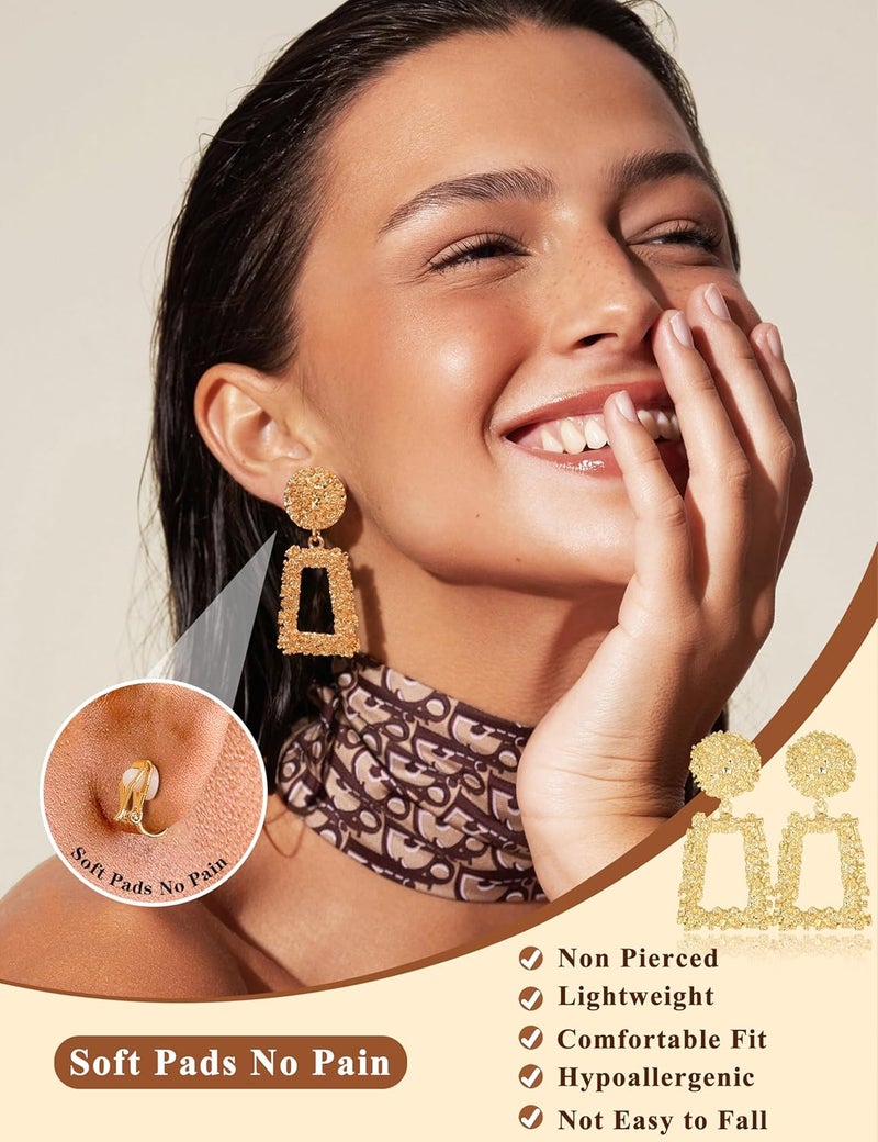 JeryWe 9 Pairs Clip on Earrings for Women Fashion Rattan Acrylic Tassel Drop Dangle Earrings Set Lightweight Geometric Statement Bohemian Clip Earrings for Non Piercied - Image 5